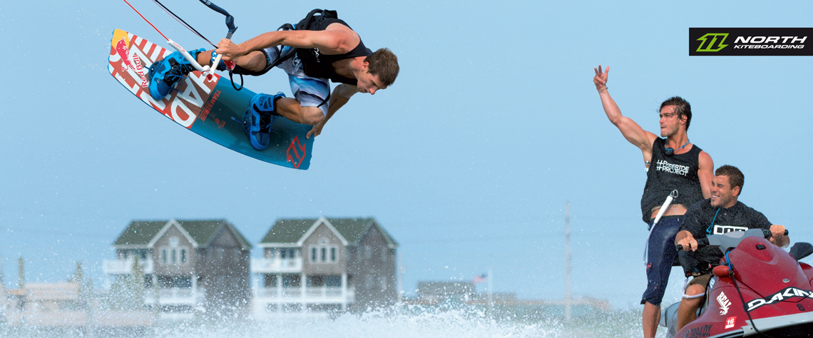 Aaron Hadlow on the 2015 North Team Series board saying hello to Jetski - North Kiteboarding