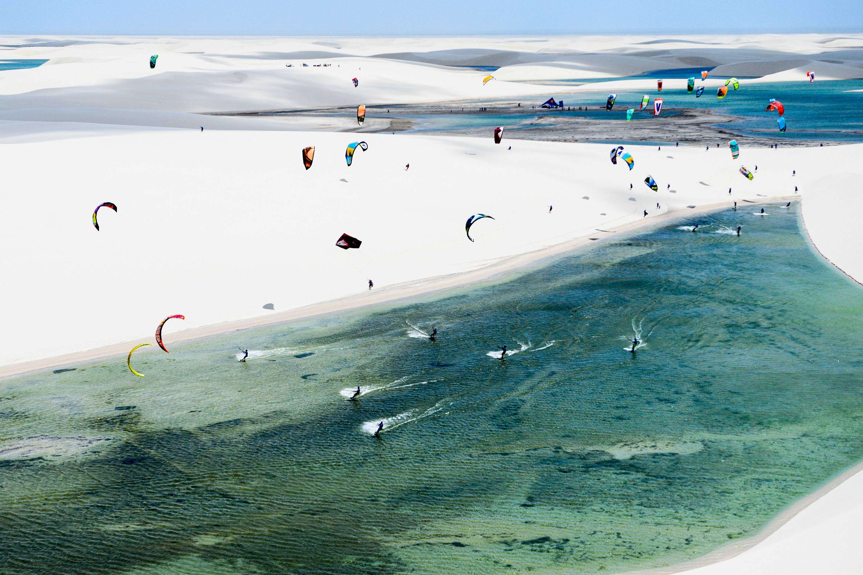 An arial shot of the Red Bull Rally dos Ventos kitesurfing event in Brazil.