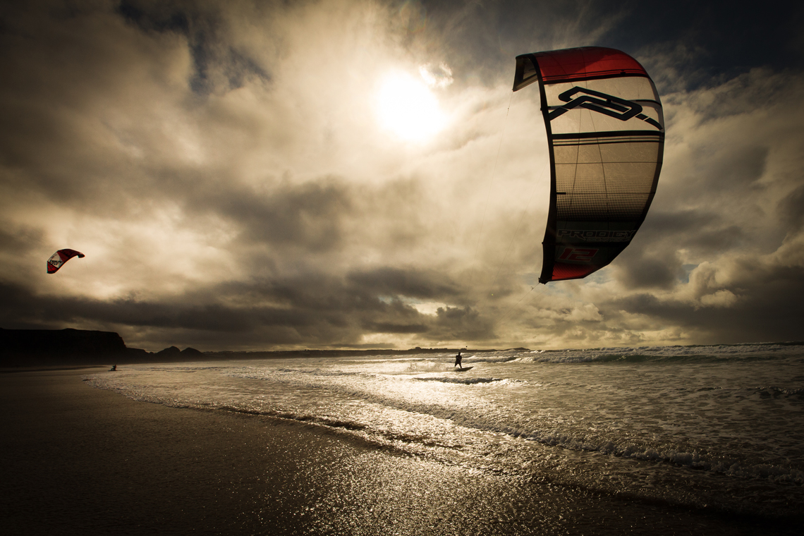 A nice sunset kitesurfing session in the waves.