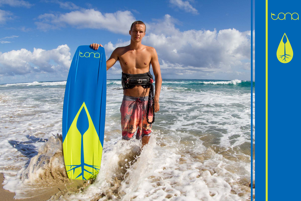 Jake Kelsick showing off the new 2015 Tona Pop kiteboard