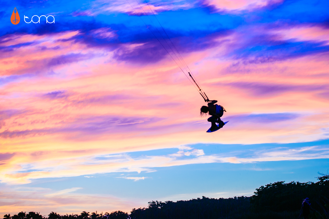 Indie grab at sunset with Tona Boards - kitesurfing