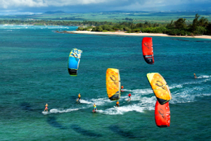 The 2015 Cabrinha Kites teamriders kitesurfing off the coast of Hawaii.