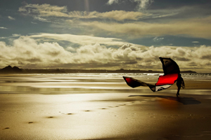 Nice start to an end of the day soul surfing session - kitesurfer walking on the beach with kite