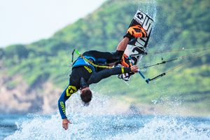 Kiteboarder Marc Jacobs showing off an incredible low mobe