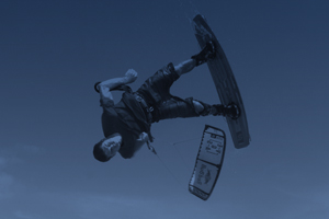 Kiteboarder Aaron Hadlow performing a handlepass on the 2016 North Vegas kite.